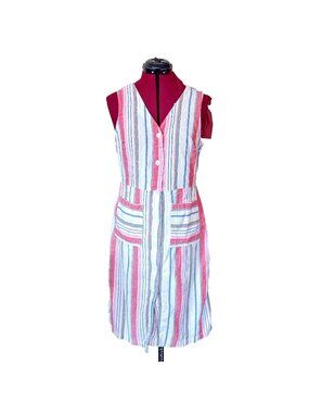 Old Navy Women’s Dress Medium V-Neck Striped Linen Blend Button Front w/ Pockets